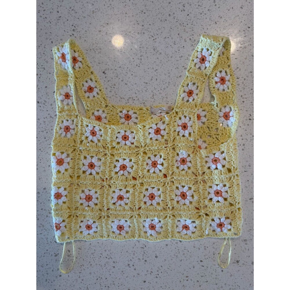 Altar’d State Crochet Daisy Granny Square Top Yellow Boho Size S
